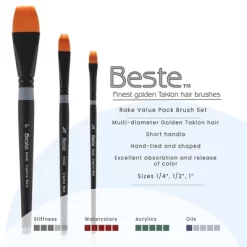 Creative Mark Beste Golden Taklon Brush Rake, Set Of 3 Artist Paint Brush, Professional Watercolor Brushes, For Acrylic Painting, Short Handle, Sharp