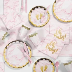 Creative Converting 48ct Marble Baby Shower 'Oh Baby' Disposable Napkins Pink