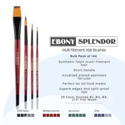 Creative Mark Ebony Splendor Short-Handle Synthetic Red Sable Artist Paint Brush, Assorted Bulk Set Of 144, Teijin Multi-Filament Hair, Synthetic