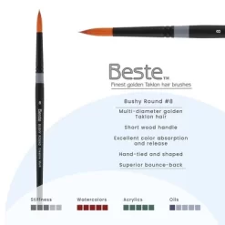 Creative Mark Beste Golden Taklon Bushy Round, #8 Artist Paint Brush, Professional Watercolor Brushes, For Acrylic Painting, Short Handle, Sharp
