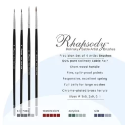 Creative Mark Rhapsody Kolinsky Sable Brushes For Professional Watercolorists- Round Precision Set Of 4 Excellent Spring, Full Belly, Split-Proof