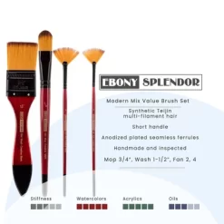 Creative Mark Ebony Splendor Short-Handle Synthetic Sable Paint Brush, Modern Mix Set Of 4, Teijin Multi-Filament Hair, Handcrafted Synthetic Paint