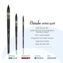 Creative Mark Danube Professional Watercolor Quill Brushes Set Of 3 - #6, #10, #14 - Kazan Squirrel And Synthetic Hair Watercolor Brushes For