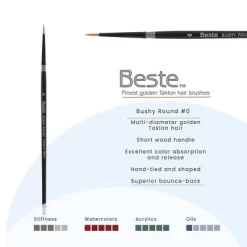 Creative Mark Beste Golden Taklon Bushy Round #0 - 3 Pack Artist Paint Brush, Professional Watercolor Brushes, For Acrylic Painting, Short Handle,