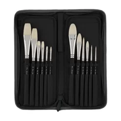 Creative Mark Pro Stroke Premium White Chungking Hog Bristle Artist Paint Brush - Short Handle Set Of 12 With Easel Case - Natural Bristle Brush W/