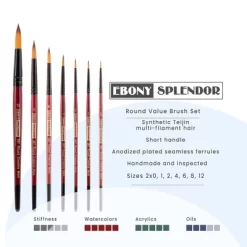 Creative Mark Ebony Splendor Short-Handle Synthetic Sable Paint Brush, Round Set Of 7, Teijin Multi-Filament Hair, Handcrafted Synthetic Paint Brushes