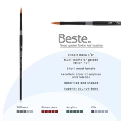 Creative Mark Beste Golden Taklon Filbert Rake 1/8" Artist Brush, Professional Watercolor Brushes, For Acrylic Painting, Short Handle, Sharp Edges,