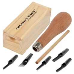 Creative Mark Linoleum Carving Tools Set With Ergonomic Beechwood Handle, 5 Tempered Steel Blades, Block Printing Linocut Tools For Soft Linoleum Or
