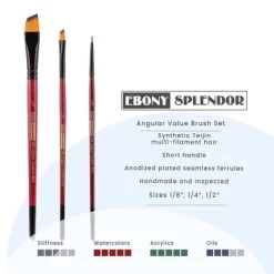 Creative Mark Ebony Splendor Short-Handle Synthetic Sable Paint Brush, Angular Set Of 3, Teijin Multi-Filament Hair, Handcrafted Synthetic Paint