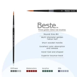 Creative Mark Beste Golden Taklon Round #4 Pack Of 3 Artist Brushes, Professional Watercolor Brushes, For Acrylic Painting, Short Handle, Sharp Edges,