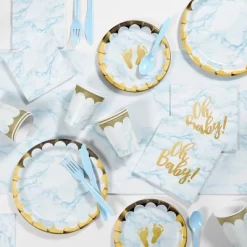 Creative Converting 48ct Marble Baby Shower 'Oh Baby' Disposable Napkins Blue