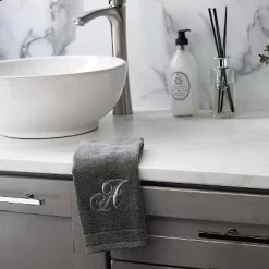 Creative Scents Gray Fingertip Monogrammed Towels Silver Embroidered
