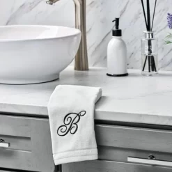 Creative Scents Set Of 2 White Fingertip Monogrammed Towels, Black Embroidered