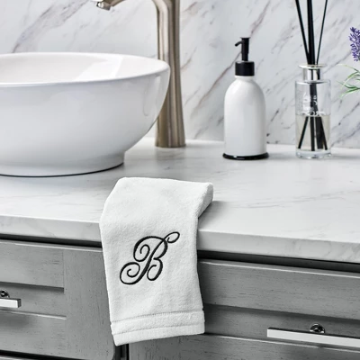 Creative Scents Set Of 2 White Fingertip Monogrammed Towels, Black Embroidered 1 Creative Scents Set Of 2 White Fingertip Monogrammed Towels, Black Embroidered