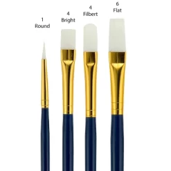 Fundamentals Long Handled Brush Set - Economical Paint Brush Set No. 6 For Beginning Artists - White Taklon Brushes In #1 Round, #4 Bright, #4