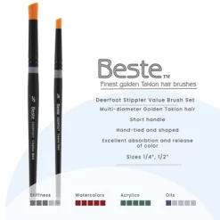 Creative Mark Beste Golden Taklon Deerfoot Stippler Set Of 2 Artist Paint Brush, Professional Watercolor Brushes, For Acrylic Painting, Short Handle,