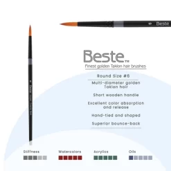 Creative Mark Beste Golden Taklon Round #6 Pack Of 3 Artist Brushes, Professional Watercolor Brushes, For Acrylic Painting, Short Handle, Sharp Edges,